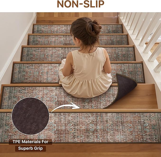 Non Slip Stair Treads for Wooden Steps 15PCS - 8"x30" Indoor Safety Carpet, Edging Mats with TPE Adhesive Backing, Pet and Elderly Friendly Stair Rugs (Light Clay Brown)