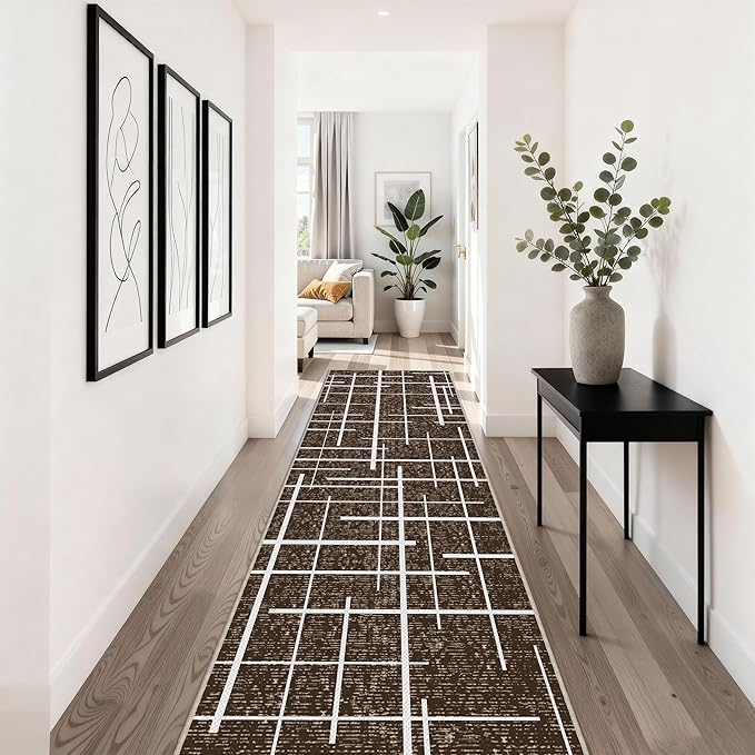 Non Slip Hallway Runner Rug 2x10, Brown Modern Distressed Stripe, Washable Long Rug, Woven Thin Low Pile Carpet Runners for Hallway 10ft Entryway, Kitchen, Walkway- Brown