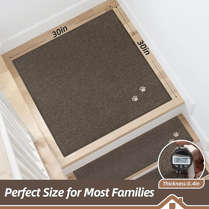 BEQHAUSE Stair Landing Rug Non-Slip 30"x30", Square Stair Landing Mats for Stairs Washable, Carpet Stair Treads Matching Mats for Wooden Steps Indoor Landing Rugs Surface Polyester TPE Backing, Brown