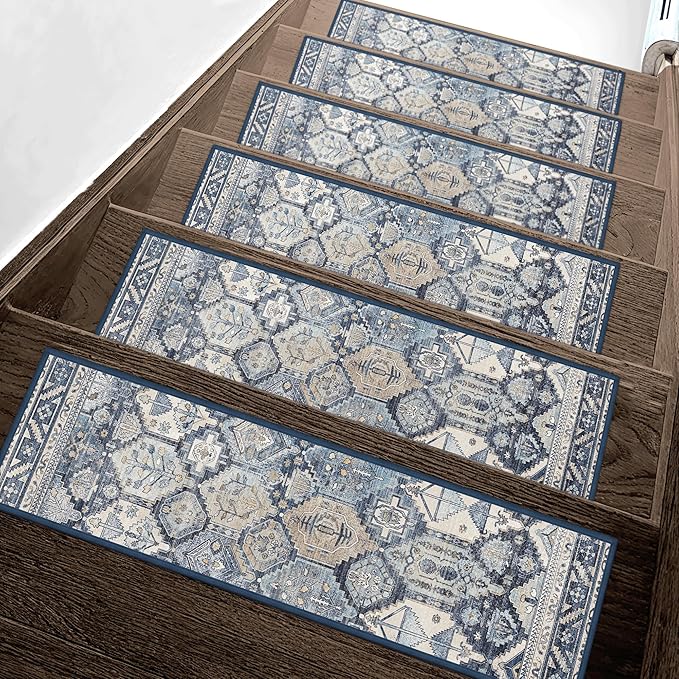 sarben Carpet Stair Treads Non Slip 15PCS, 8" X 30" Edging Stair Runner for Wooden Steps Indoor, Resistant Stair Rugs with Reusable TPE Adhesive Backing, Residue Mat for Elders, Pets, Denim/Pearl