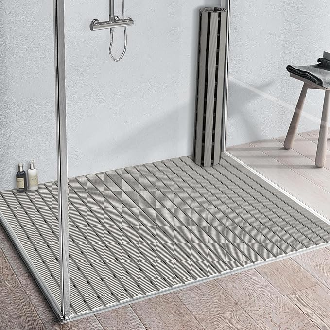 Yolife PVC Large Shower Mat, 35.4 × 24 Inch Non Suction Cup Non Slip Shower Floor Mat, Easy to Cut & Curlable Stand Up Shower Stall Mat, Heavy Duty Bath Shower Mats for Inside Shower