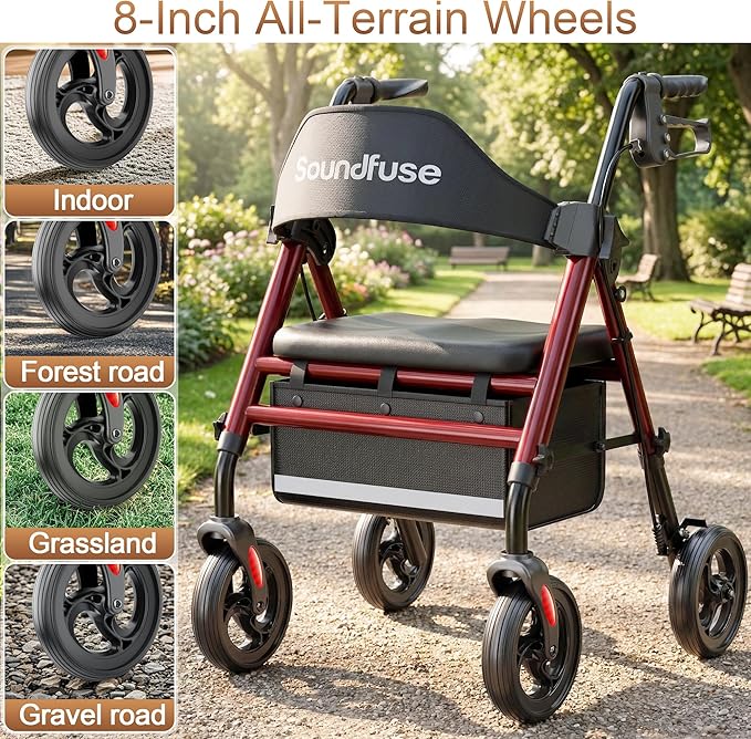 SOUNDFUSE Walkers for Seniors, Rollator Walker with Seat, 8" All Terrain Wheels, Double Support Bar, 16" Ergonomic Arc Seat and Comfortable Backrest, Dual Height Adjustable and Foldable Design