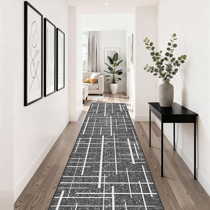 Non Slip Hallway Runner Rug 2x10, Gray Modern Distressed Stripe, Washable Long Rug, Woven Thin Low Pile Carpet Runners for Hallway 10ft Entryway, Kitchen, Walkway- Gray