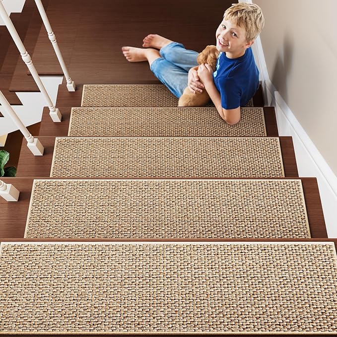 PADOOR Non Slip Stair-Treads,Rubber Backing Stair-Runners for Wooden Steps,15PCS Residue Free Carpet Stair Treads for Kids and Dogs 8"x30" Beige