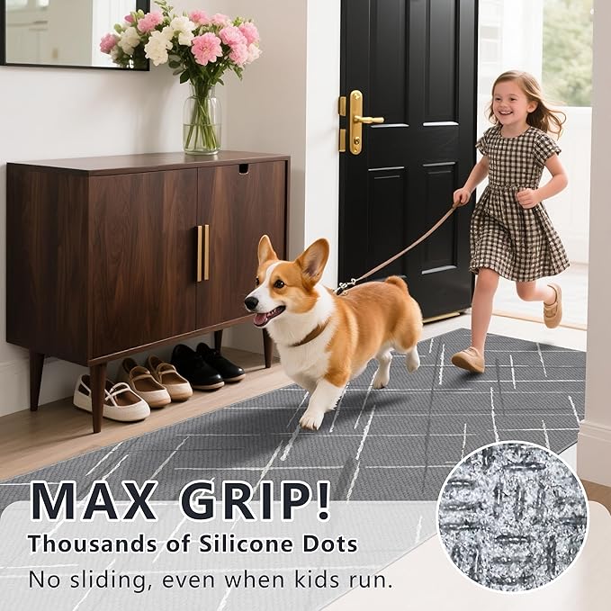 Gray Runner Rug Ultra Non-Slip 2x4 Washable Bedroom Rugs Modern Tear and Stain Resistance No Pile Hand-Woven Style Lightweight Runners for Hallways, Kitchen, Laundry Room, Bedside, Gray