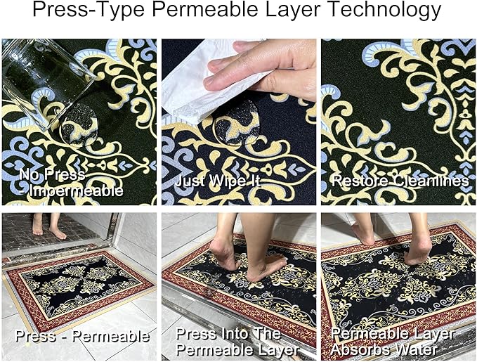 1/10 Inch Ultra Thin 24"×35" Large Front Door Mat Indoor Entrance Inside Non Slip, Waterproof Rubber Kitchen Mat and Interior Home Washable Door Mat, Boho Red