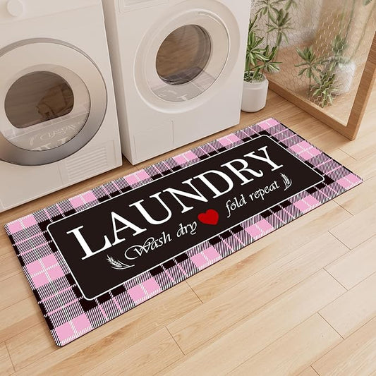XLHOMO Laundry Room Rugs and Mats, 17"x47" Buffalo Plaid Pink Laundry Room Rug Runner Washable Non Slip, Farmhouse Laundry Mats for Floor, Mudroom, Kitchen, Washroom, Bathroom, Entryway Carpet Decor