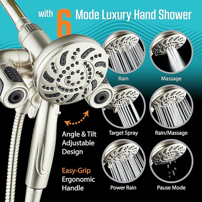 Aquadance High Pressure 156 Setting 14 Zone Shower Head & Handheld 3-way Combo System - Magnetic Docking, 314 Power Jets, Dual Adjustable Arms, 6 ft. Metal Hose, All Nickel Finish, Top American Brand