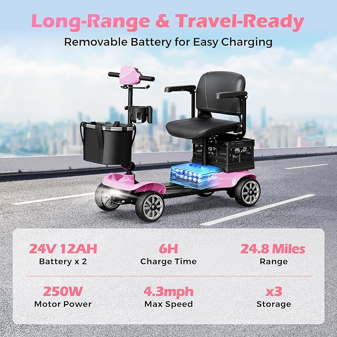 Mobility Scooter for Adults & Seniors with Removable Spare Battery - 24.8 Miles Total Range, Cruise & Airport Approved, Foldable Motorized Scooters with Dual Basket, Phone & Cup Holder, Pink