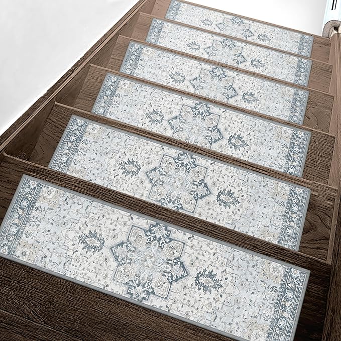 sarben Non Slip Stair Treads for Wooden Steps 15PCS - 8"x30" Indoor Safety Carpet, Edging Mats with TPE Adhesive Backing, Pet and Elderly Friendly Stair Rugs (Blue)