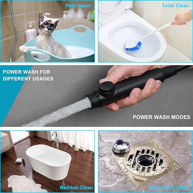 High Pressure 8-mode Handheld Shower Head with On Off Switch and Long Hose & Bracket PLUS Extra Adhesive Holder for Lower Mount,Built-in Power Wash to Clean Tub,Tile & Pets,Black