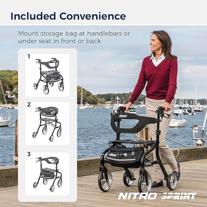 Drive Medical Nitro Sprint Foldable Rollator Walker with Seat - Lightweight Support - Large Wheels - Compact Folding Design - Adjustable Comfort - Standard Size - Black