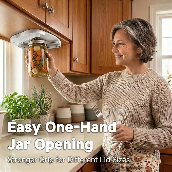 Upgraded Under Cabinet Jar Opener: Easy for Weak Hands & Seniors with Arthritis, One-Hand Jar & Can Opener - Dual Slot Design Opens Stubborn Jar & Bottle Lids - Stainless Steel Teeth - Kitchen Helper