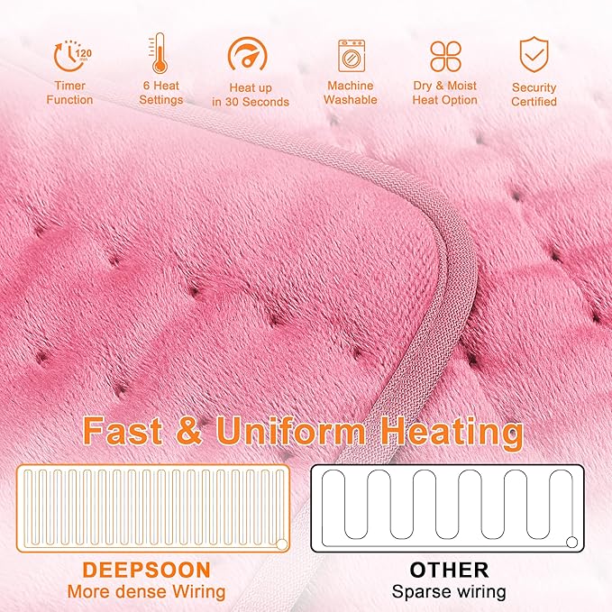 Deepsoon Heating Pad,Electric Heating Pads for Back,Neck,Moist Heating Pad for Abdomen Shoulder Knee Legs,Dry/Moist Heat&Auto Shut Off,Mother's Day Birthday for Men and Women,BabyPink,40x20 Inch