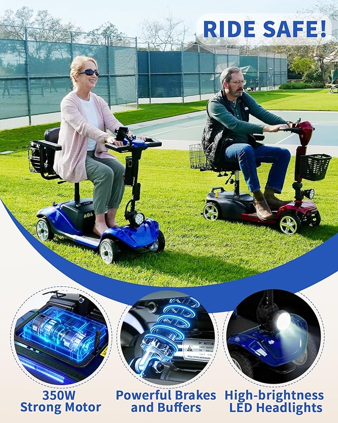 Mobility Scooter for Seniors/Adults, up to 300lbs Capacity, 4 Wheel Heavy Duty Mobility Scooters with 15 Miles 350W 5MPH，Front Basket, Adjustable Seat, LED Headlights
