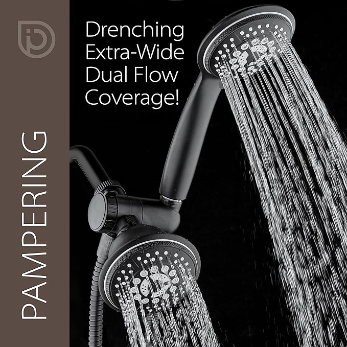 1763 Handheld Showerhead & Rain Shower Combo. High Pressure 24 Function 4" Face Dual 2 in 1 Shower Head System with Stainless Steel Hose, Patented 3-way Water Diverter in Matte Black