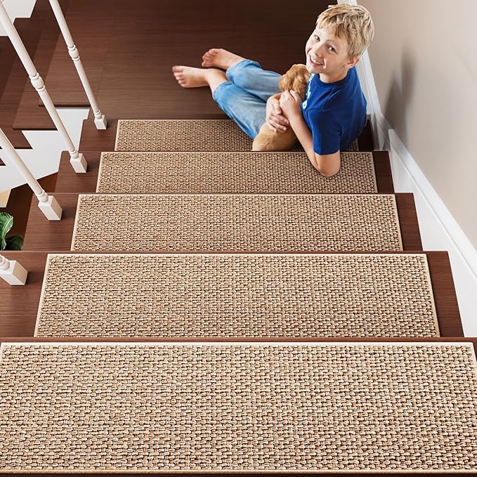 PADOOR Non Slip Stair-Treads, Rubber Backing Stair-Runners for Wooden Steps, 7PCS Residue Free Carpet Stair Treads for Kids and Dogs 8"x30" Beige