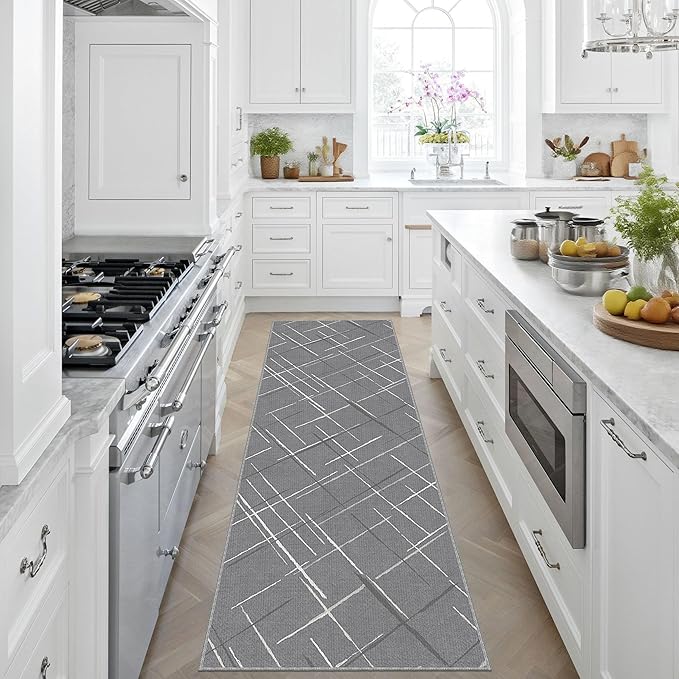 Gray Runner Rug Ultra Non-Slip 2x8 Washable Entryway Rug Modern Tear and Stain Resistance No Pile Hand-Woven Style Lightweight Runners for Hallways, Kitchen, Laundry Room, Bedside, Gray
