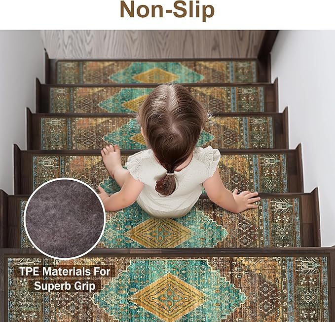 sarben Non Slip Stair Treads for Wooden Steps 15PCS - 8"x30" Indoor Safety Carpet, Edging Mats with TPE Adhesive Backing, Pet and Elderly Friendly Stair Rugs (Amber&Cyan)