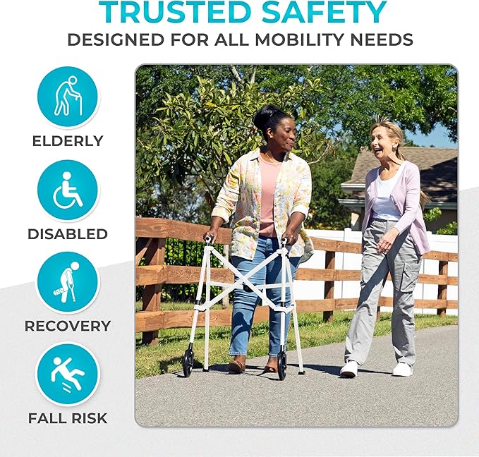 Stander Space Saver Walker, Lightweight Folding Rolling Mobility Aid for Seniors & Adults, Compact 2-Wheel Disability Device with 6-inch Wheels & Ski Glides for Walking Support, Vivid White