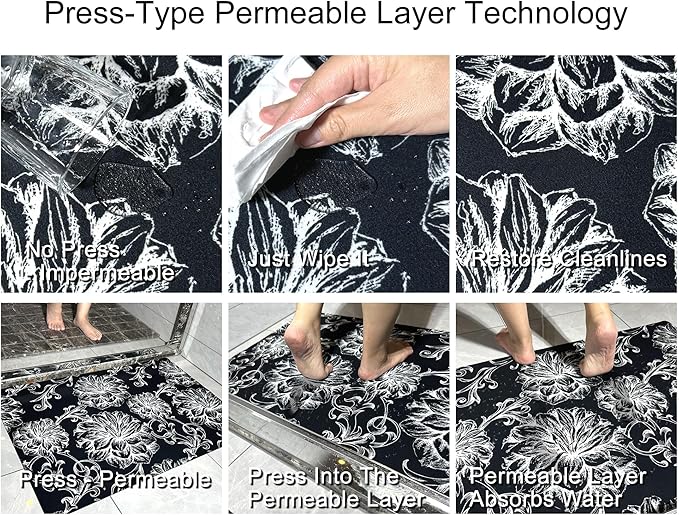 1/10 Inch Ultra Thin 24"×35" Large Front Door Mat Indoor Entrance Inside Non Slip, Waterproof Rubber Kitchen Mat and Interior Home Washable Door Mat, Baroque Black