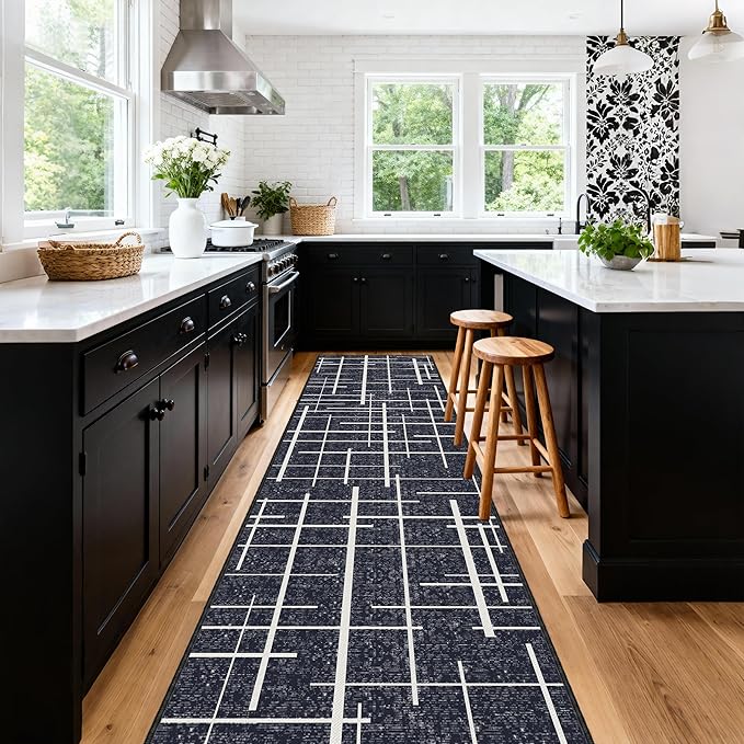 Non Slip Hallway Runner Rug 2.6x12, Modern Distressed Stripe, Washable Extra Long Rug, Woven Thin Low Pile Carpet Runners for Hallway 12ft Entryway, Kitchen, Walkway- Midnight Black
