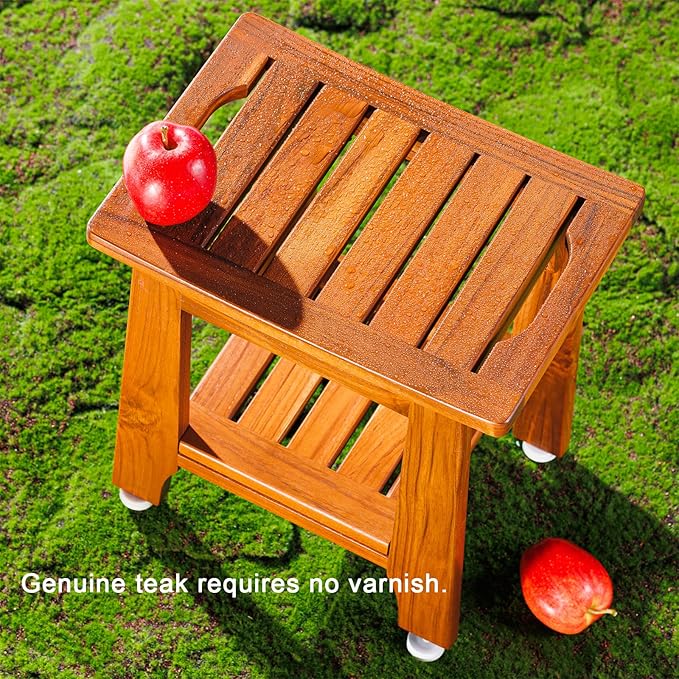 21" Standard Teak Shower Bench with Shelf & Handle - Waterproof, Non-Slip Bath Stool, 300 lbs Capacity - Fits Standard Tubs/Showers & Outdoor Use (Patented)