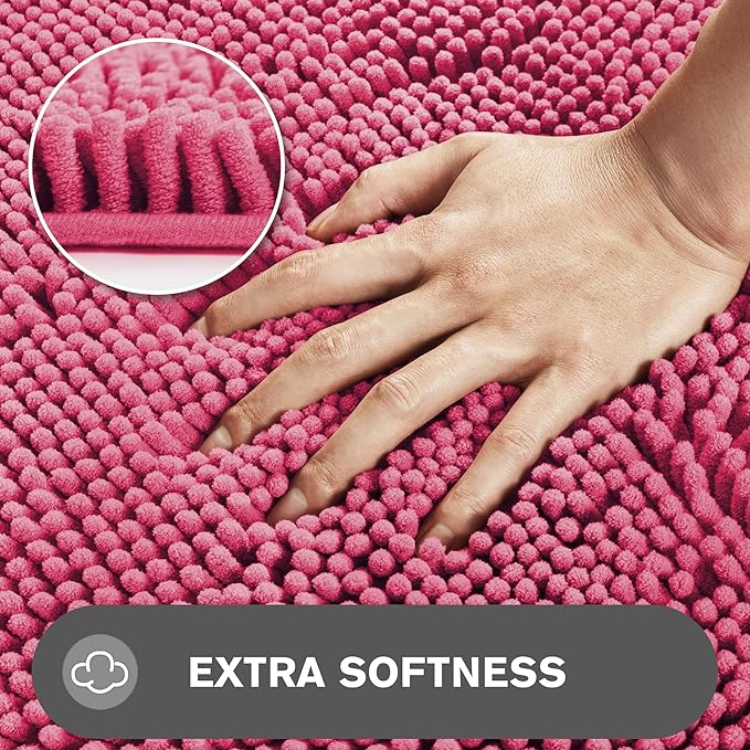 Hot Pink Bathroom Rugs – Absorbent and Washable Bath Mat, Non-Slip, Thick Soft Chenille Bath Rugs for Bathroom Floor, Shower, Sink - 17" x 24"