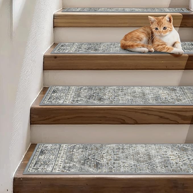 sarben Non Slip Stair Treads for Wooden Steps 15PCS - 8"x30" Indoor Safety Carpet, Edging Mats with TPE Adhesive Backing, Pet and Elderly Friendly Stair Rugs (Charcoal&Gray)