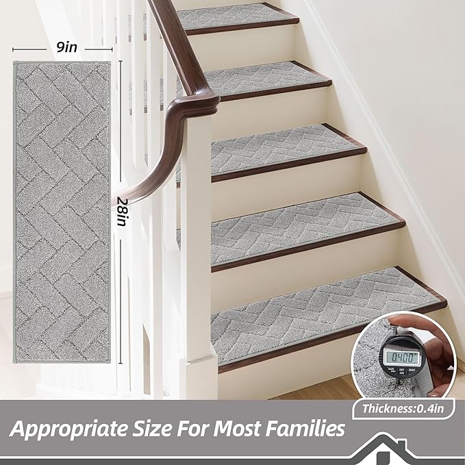 BEQHAUSE Edging Stair Treads for Wooden Steps 9" x 28", Non Slip Carpet Stair Treads Indoor Stair Runners, Soft Stair Rugs, Machine Washable, 100% Polyester, TPE Backing, 15pcs, Grey