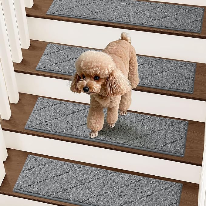 COSY HOMEER Stair Treads for Wooden Steps 9"x28" Washable Indoor Carpet Stair Treads Non Slip Soft Polyester Stair Carpet Tread Reusable Stair Runner Rugs for Kids, Elders,Pets,Medium Grey,15pcs