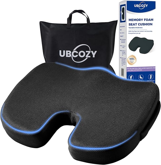 Extra Large Memory Foam Seat Cushions for Office Chairs, Car, Airplane, Wheelchair– Relieves Lumbar, Orthopedic, Sciatic, Coccyx and Back Pain – Comfortable Non-Slip – Bonus Carry Bag Included (Black)