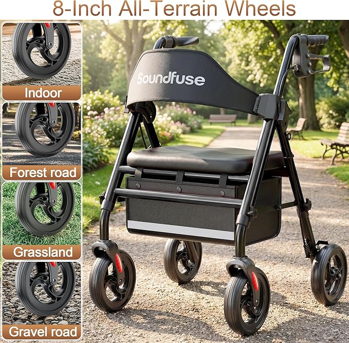 SOUNDFUSE Walkers for Seniors, Rollator Walker with Seat, 8" All Terrain Wheels, Double Support Bar, 16" Ergonomic Arc Seat and Comfortable Backrest, Dual Height Adjustable and Foldable Design
