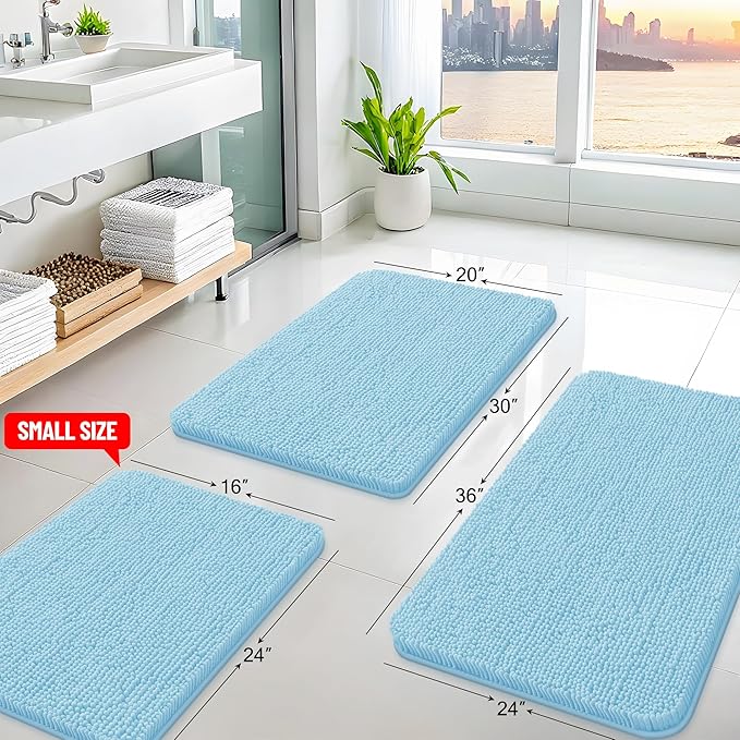 Arotive Bathroom Rugs 24x16, Extra Soft Absorbent Shaggy Chenille Bath Rugs, Machine Washable Rubber Backing Non-Slip Bath Mats for Bathroom Floor Tub and Shower, Home Decor Accessories,Sky Blue