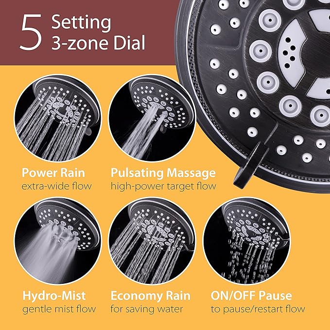 1753 Handheld Showerhead & Rain Shower Combo. High Pressure 24 Function 4" Face Dual 2 in 1 Shower Head System with Stainless Steel Hose, Patented 3-way Water Diverter in Oil Rubbed Bronze