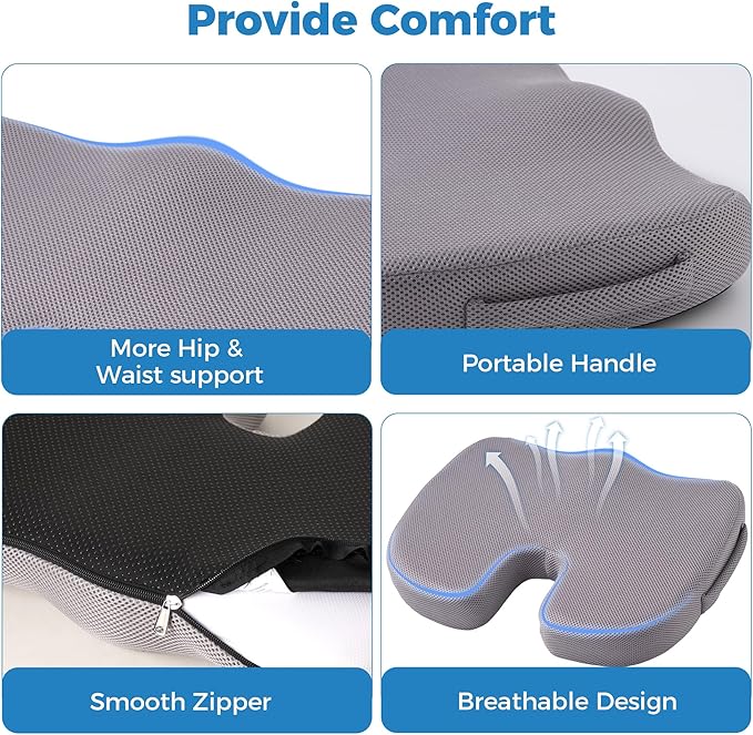 Extra Large Memory Foam Seat Cushions for Office Chairs, Car, Airplane, Wheelchair– Relieves Lumbar, Orthopedic, Sciatic, Coccyx and Back Pain – Comfortable Non-Slip – Bonus Carry Bag Included (Gray)