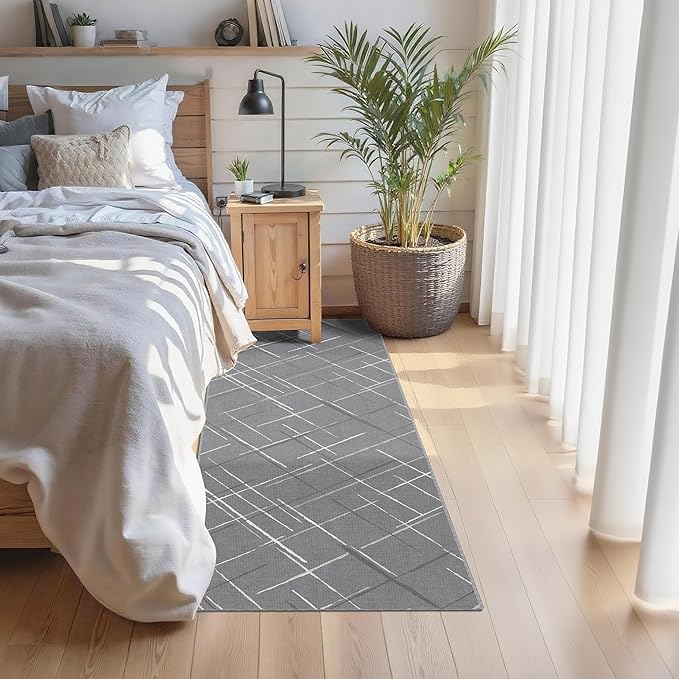 Gray Runner Rug Ultra Non-Slip 2x8 Washable Entryway Rug Modern Tear and Stain Resistance No Pile Hand-Woven Style Lightweight Runners for Hallways, Kitchen, Laundry Room, Bedside, Gray