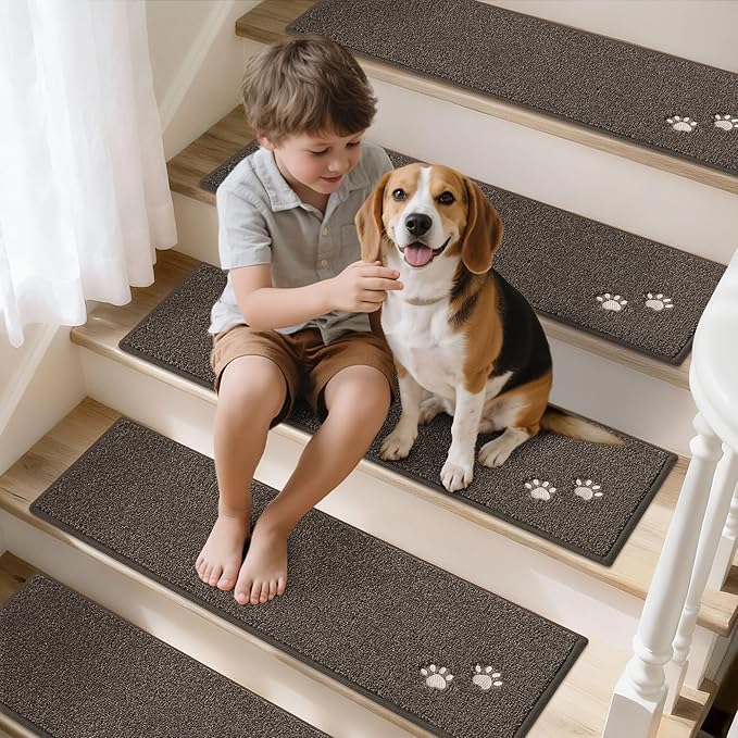 BEQHAUSE Stair Treads for Wooden Steps 28inX9in, Non Slip Carpet Stair Treads Indoor Stair Runners Machine Washable, Soft Stair Rugs Mat Surface Polyester TPE Backing, 4pcs, Brown