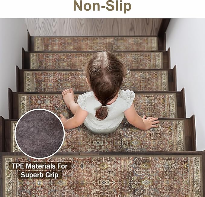 sarben Carpet Stair Treads Non Slip 15PCS, 8" X 30" Edging Stair Runner for Wooden Steps Indoor, Resistant Stair Rug with Reusable TPE Adhesive Backing, Residue Free Mat for Elders, Pets, Burgundy