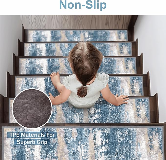 sarben Carpet Stair Treads Non Slip 15PCS, 8" X 30" Edging Stair Runner for Wooden Steps Indoor, Resistant Stair Rugs with Reusable TPE Adhesive Backing, Residue Mat for Elders, Pets, Sapphire/Sand