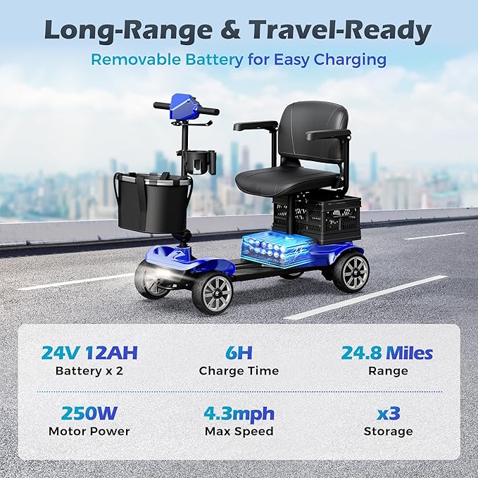 Mobility Scooter for Adults with Spare Battery – 24.8 Miles Total Range, 4-Wheel Foldable Portable Motorized Scooter, 330 lbs Capacity, Dual Baskets, Cup & Phone Holder, Blue