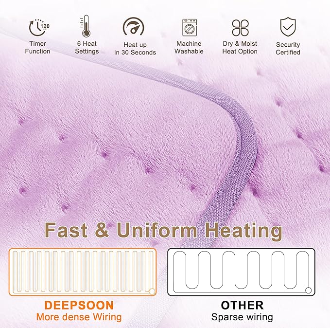 Deepsoon Heating Pad,Electric Heating Pads for Back,Neck,Moist Heating Pad for Abdomen Shoulder Knee Legs,Dry/Moist Heat&Auto Shut Off,Mother's Day Birthday for Men and Women,Light Purple,24x20 Inch