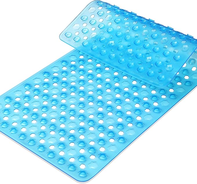 Yimobra Bath Tub Mat Non Slip, 34.5"x15.5" Long Shower Mat, Machine Washable Bathmat with Drain Holes and Suction Cups, Soft on Feet, Bathroom Essentials, Clear Blue