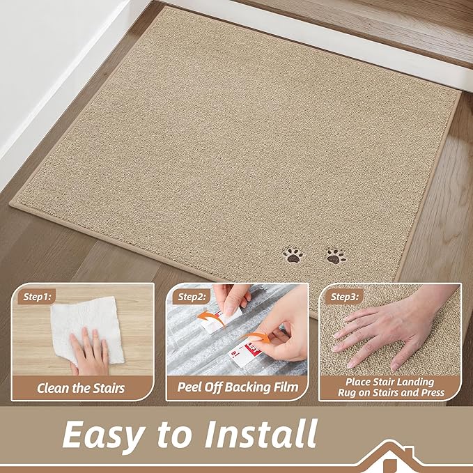 BEQHAUSE Stair Landing Rug Non-Slip 30"x30", Square Stair Landing Mats for Stairs Washable, Carpet Stair Treads Matching Mats for Wooden Steps Indoor Landing Rugs Surface Polyester TPE Backing, Beige