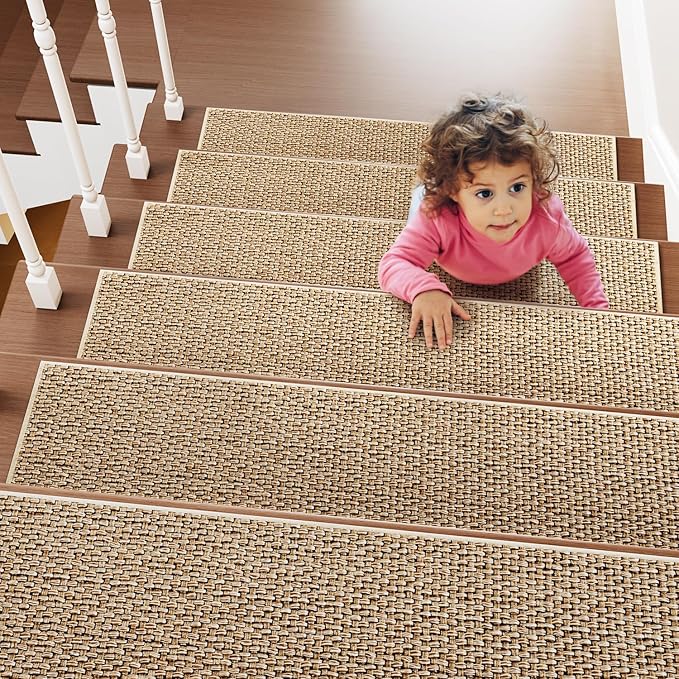 PADOOR Non Slip Stair-Treads,Rubber Backing Stair-Runners for Wooden Steps,15PCS Residue Free Carpet Stair Treads for Kids and Dogs 8"x30" Beige
