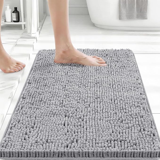 Bcoimo 24x17 Chenille Bath Mat – Non-Slip with Backing Bath Rug Ultra-Absorbent and Machine Washable Bathroom Mat Quick-Dry Design. Ideal for Bathroom Shower and Tub Areas