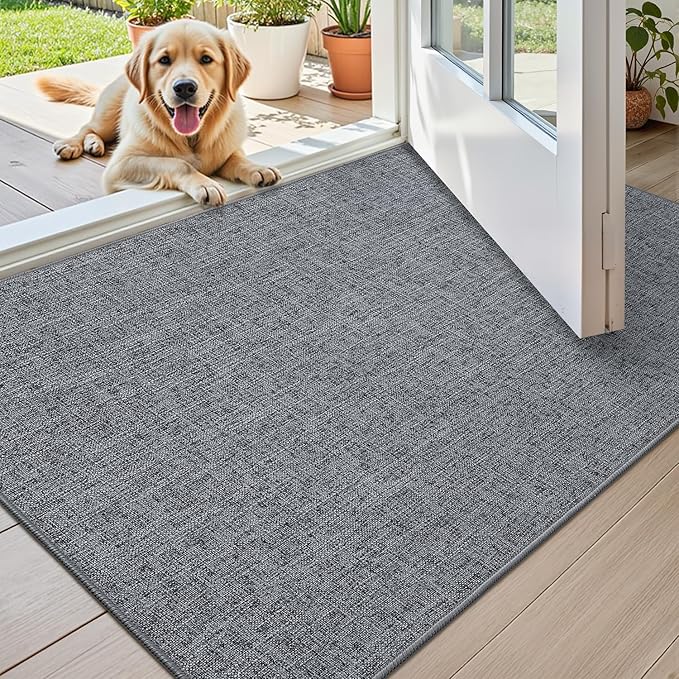 Color&Geometry Ultra Thin Indoor Door Mat (Rolled-up NO Creases) 32"x48", Non Slip Rubber Backed Dirt Trapper Door Mat Indoor Entrance, Low Profile Entryway Mat, Easy Clean, Dark Grey Linen