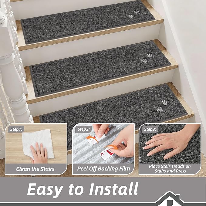BEQHAUSE Stair Treads for Wooden Steps 28inX9in, Non Slip Carpet Stair Treads Indoor Stair Runners Machine Washable, Soft Stair Rugs Mat Surface Polyester TPE Backing, 15pcs, Charcoal