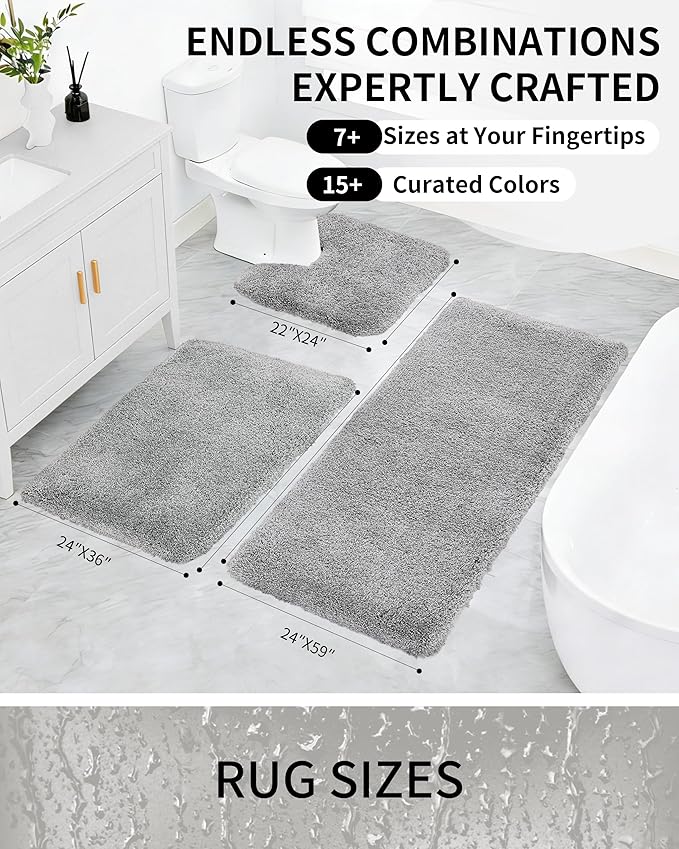 Bathroom Rugs Non Slip Washable 59x24, Ultra Thick Soft Microfiber Absorbent Bath Mats, High Density Foam Latex Non Slip Backing Bath Rugs, Fluffy Floor Carpet for Tub&Shower, Grey