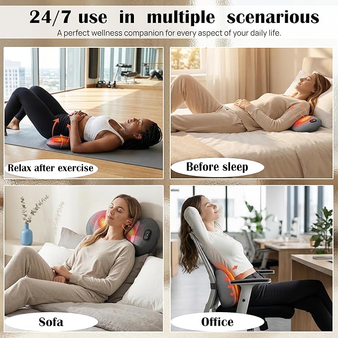 3 in 1 Lumbar Massage Pillow, Deep Kneading Back Massager for Pain Relief, Ergonomic Lumbar Support Cushion, for Home Office Car, Gift for Men Women Seniors